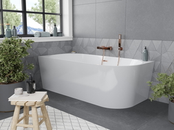 Mexen Mia freestanding corner left bathtub 150 x 75 cm, white, brushed copper overflow - 52691507500L-65