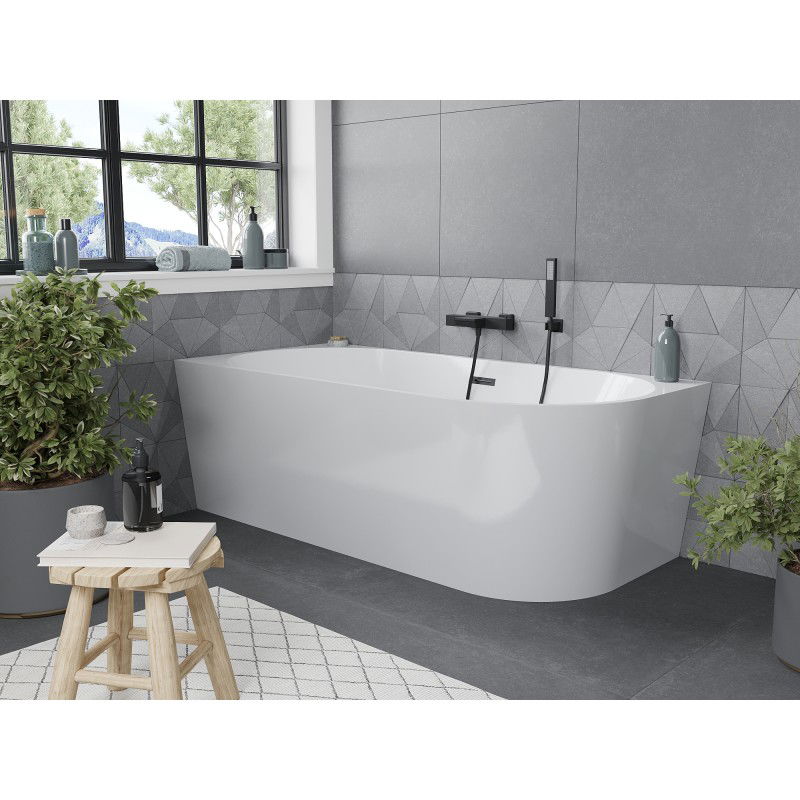 Mexen Mia free-standing corner left bath 150 x 75 cm, white, black overflow - 52691507500L-70