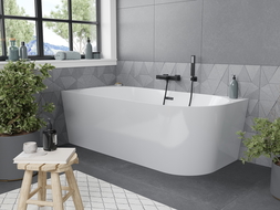 Mexen Mia free-standing corner left bath 150 x 75 cm, white, black overflow - 52691507500L-70