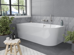 Mexen Mia freestanding corner bathtub left 150 x 75 cm, white, brushed nickel overflow - 52691507500L-97