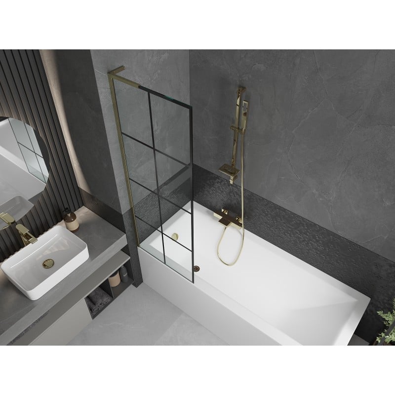 Mexen Next L 1-wing bath screen 60 x 150 cm, black grid, gold - 895-060-000-03-77-50