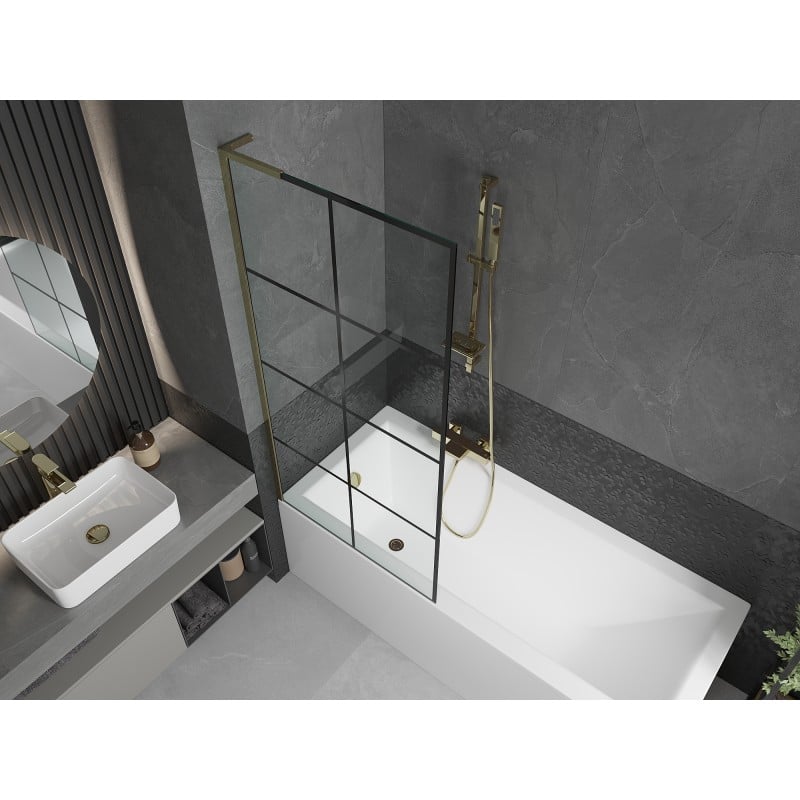 Mexen Next L Bathtub Screen 1-Wing 80 x 150 cm, Black Grid, Gold - 895-080-000-03-77-50