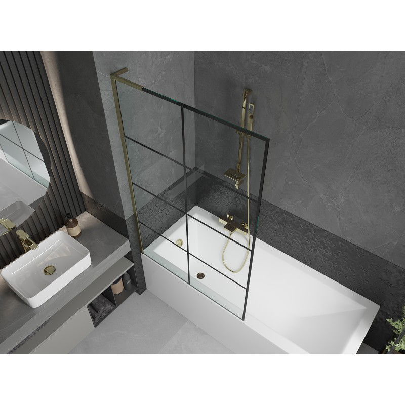 Mexen Next L 1-Panel Bath Screen 100 x 150 cm, Black Grid, Gold - 895-100-000-03-77-50