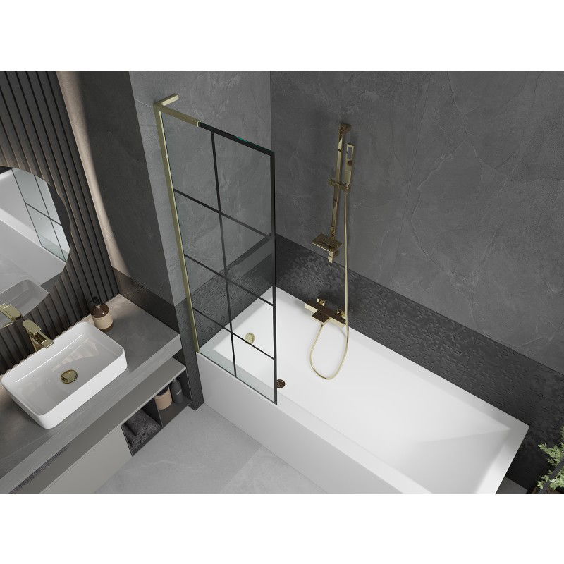 Mexen Next L Bathtub Screen 1-wing 60 x 150 cm, Black Grid, Brushed Gold - 895-060-000-03-77-55