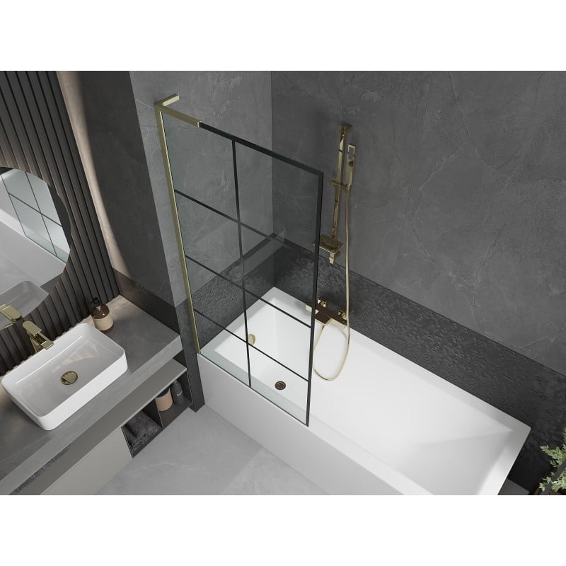 Mexen Next L 1-wing Bath Screen 80 x 150 cm, Black Grid, Brushed Gold - 895-080-000-03-77-55