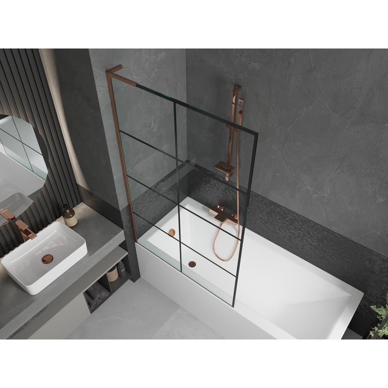Mexen Next L 1-panel bath screen 100 x 150 cm, black grid, rose gold - 895-100-000-03-77-60