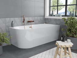 Mexen Mia right corner freestanding bathtub 150 x 75 cm, white, rose gold overflow - 52691507500P-60
