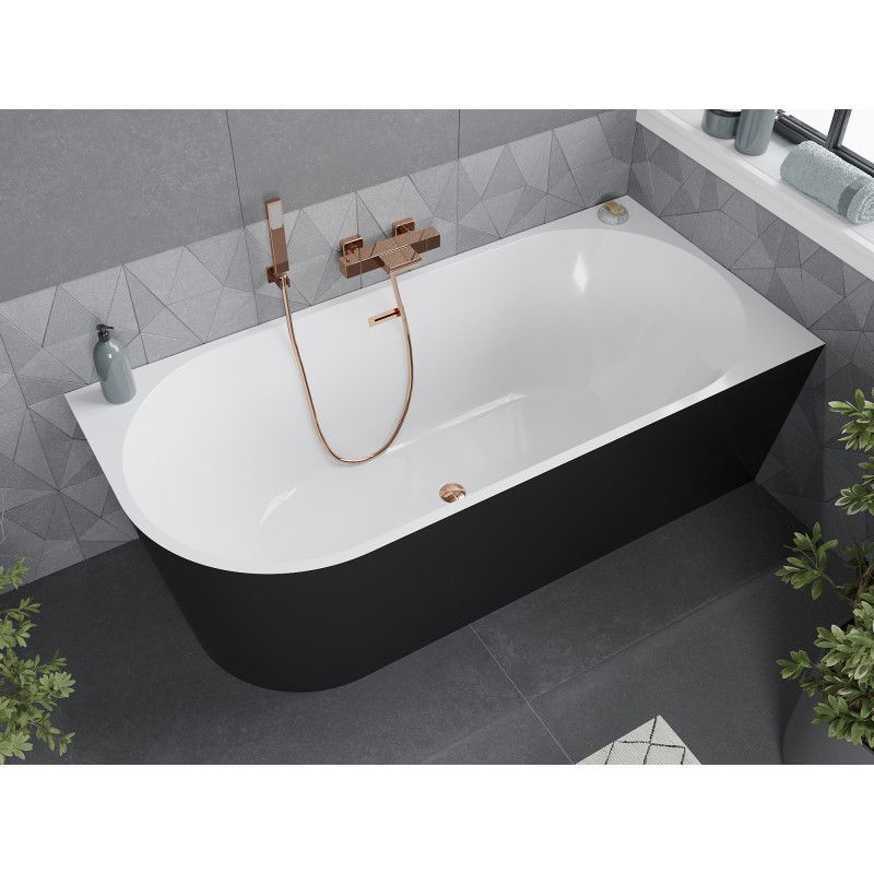 Mexen Mia freestanding corner right bathtub 150 x 75 cm, white/black, rose gold overflow - 52691507575P-60