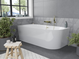 Mexen Mia freestanding corner bath left 160 x 75 cm, white, brushed gold overflow - 52691607500L-55