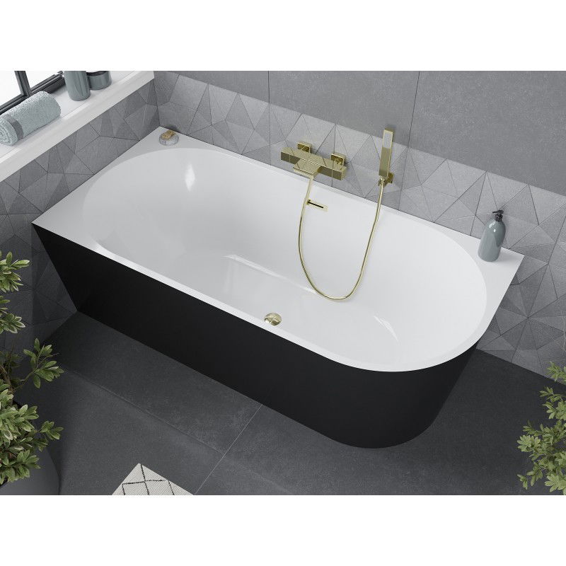 Mexen Mia freestanding corner left bathtub 160 x 75 cm, white/black, overflow gold - 52691607575L-50
