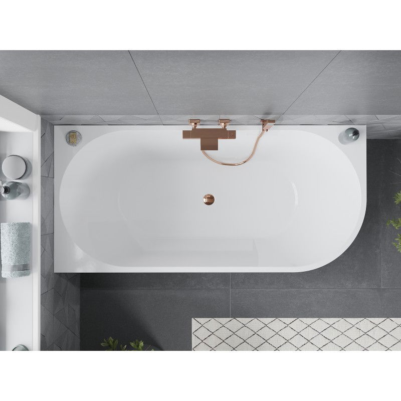 Mexen Mia freestanding corner left-side bath 160 x 75 cm, white/black, overflow rose gold - 52691607575L-60
