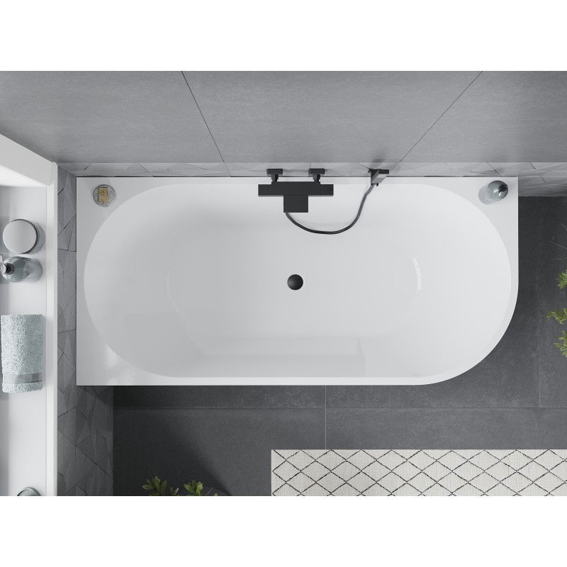 Mexen Mia freestanding corner left bathtub 160 x 75 cm, white/black, black overflow - 52691607575L-70