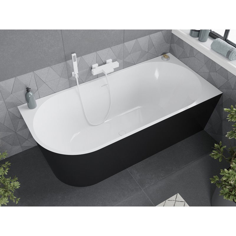 Mexen Mia free-standing corner right bathtub 160 x 75 cm, white/black, white overflow - 52691607575P-20