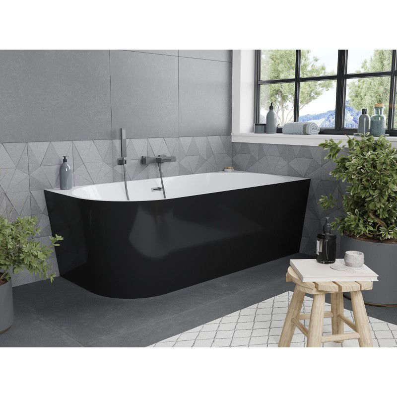 Mexen Mia Free-Standing Corner Right Bath 160 x 75 cm, White/Black, Overflow Gun Gray Brushed - 52691607575P-66