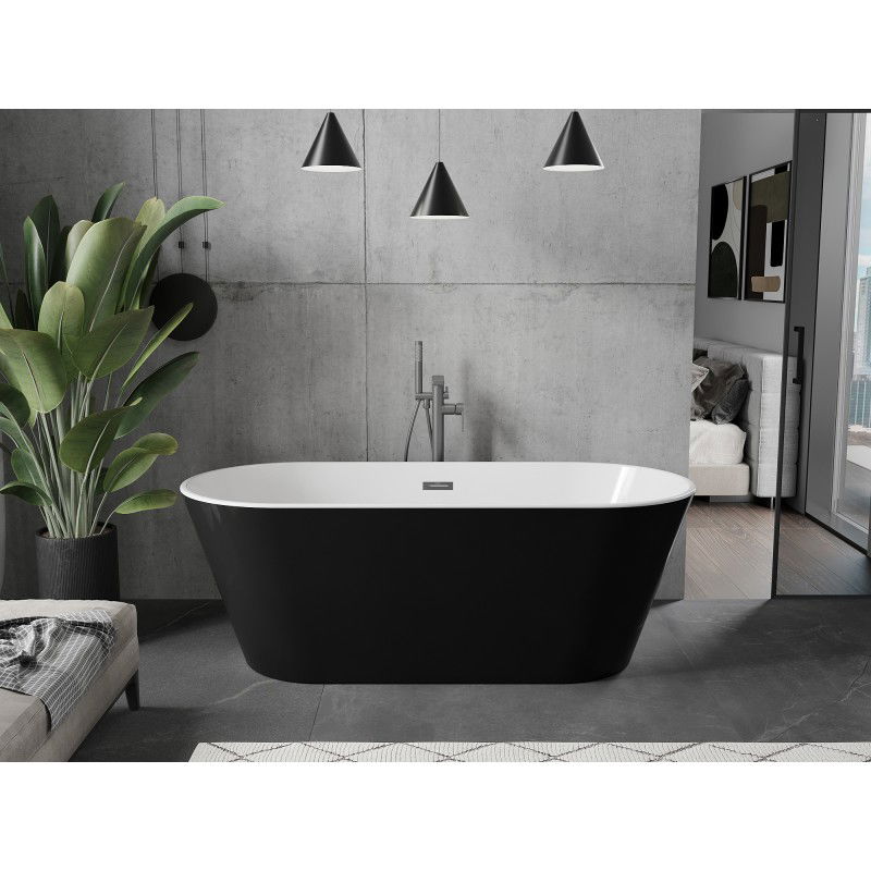 Mexen Flavia freestanding bath 160 x 75 cm, white/black, gun gray brushed overflow - 54031608075-66