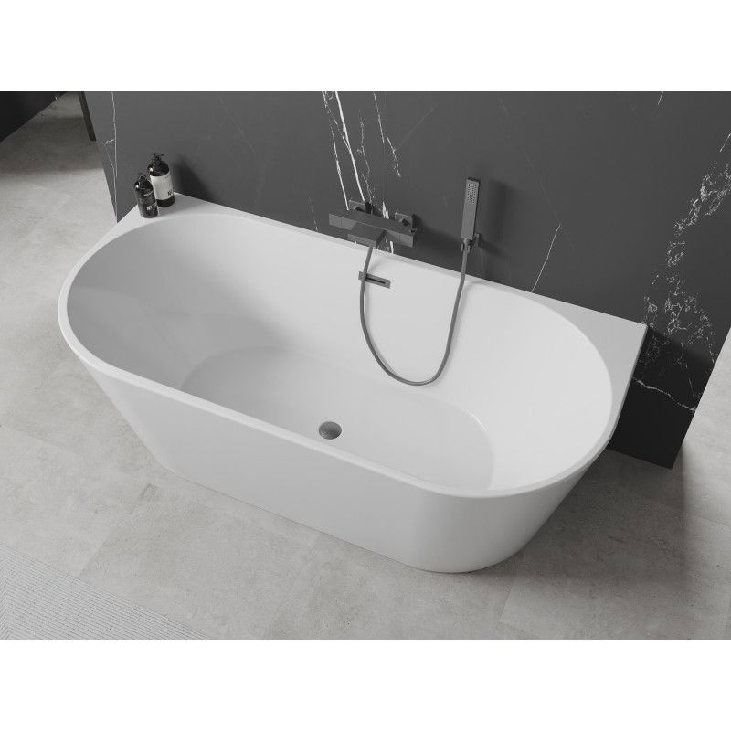 Mexen Oval freestanding back-to-wall bath 150 x 75 cm, white, gun gray brushed overflow - 52671507500-66