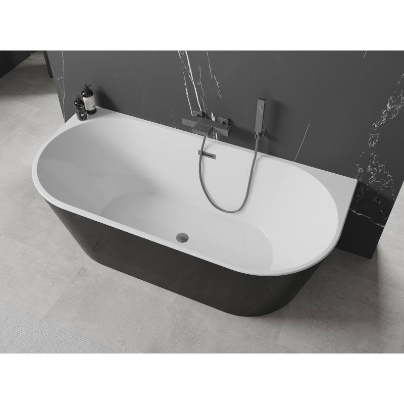 Mexen Oval freestanding wall-adjacent bathtub 140 x 75 cm, white/black, brushed gun gray overflow - 52671407575-66