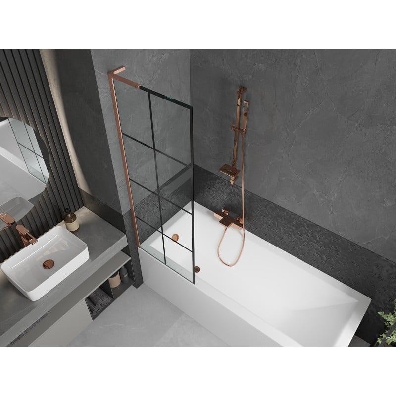 Mexen Next L bath screen 1-wing 60 x 150 cm, black grid, brushed copper - 895-060-000-03-77-65