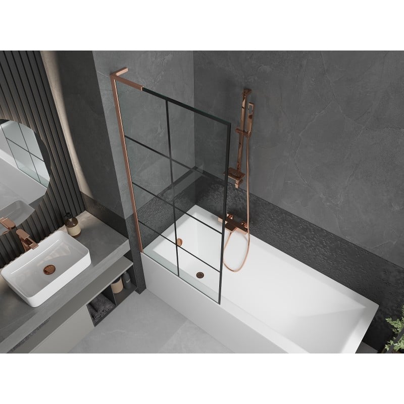 Mexen Next L Bath Screen 1-Panel 80 x 150 cm, Black Grid, Brushed Copper - 895-080-000-03-77-65