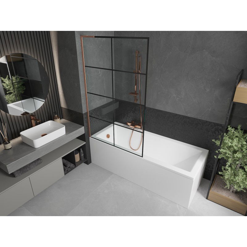 Mexen Next L Bath Screen Single-Panel 100 x 150 cm, Black Grid, Brushed Copper - 895-100-000-03-77-65