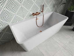 Mexen Volta freestanding wall-adjacent bath 150 x 75 cm, white, rose gold overflow - 51131507500-60