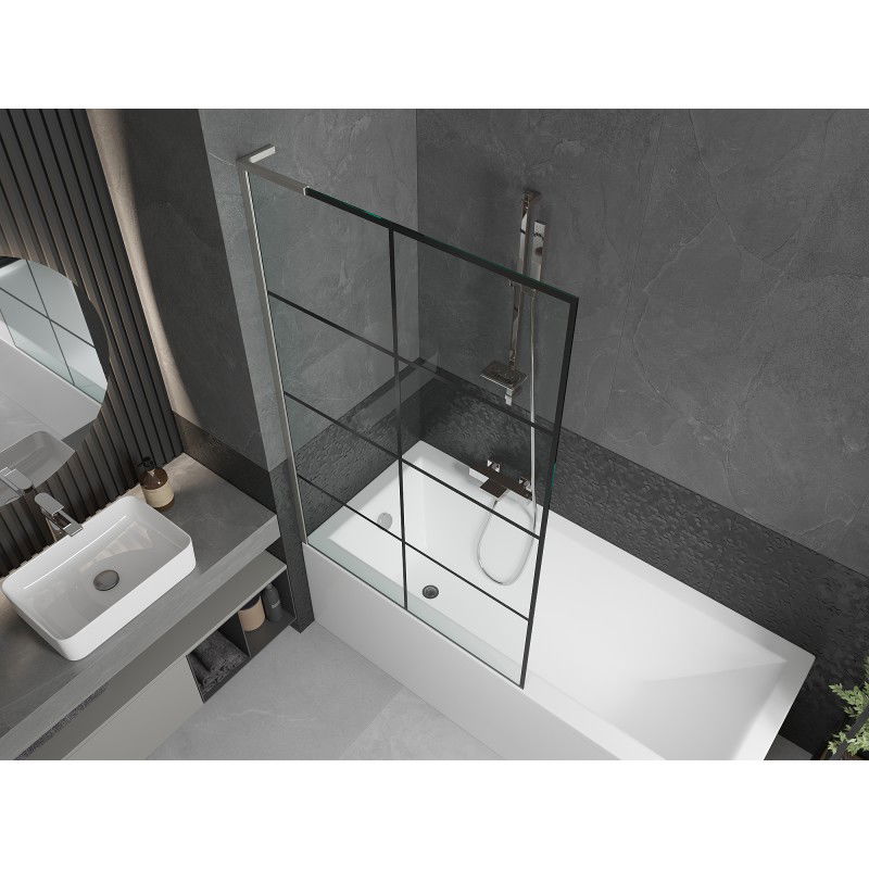 Mexen Next L 1-winged Bath Screen 100 x 150 cm, Black Grid, Brushed Nickel - 895-100-000-03-77-97