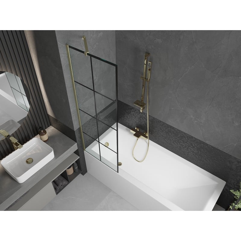 Mexen Next 1-wing bath screen 60 x 150 cm, black grid, brushed gold - 895-060-000-00-77-55