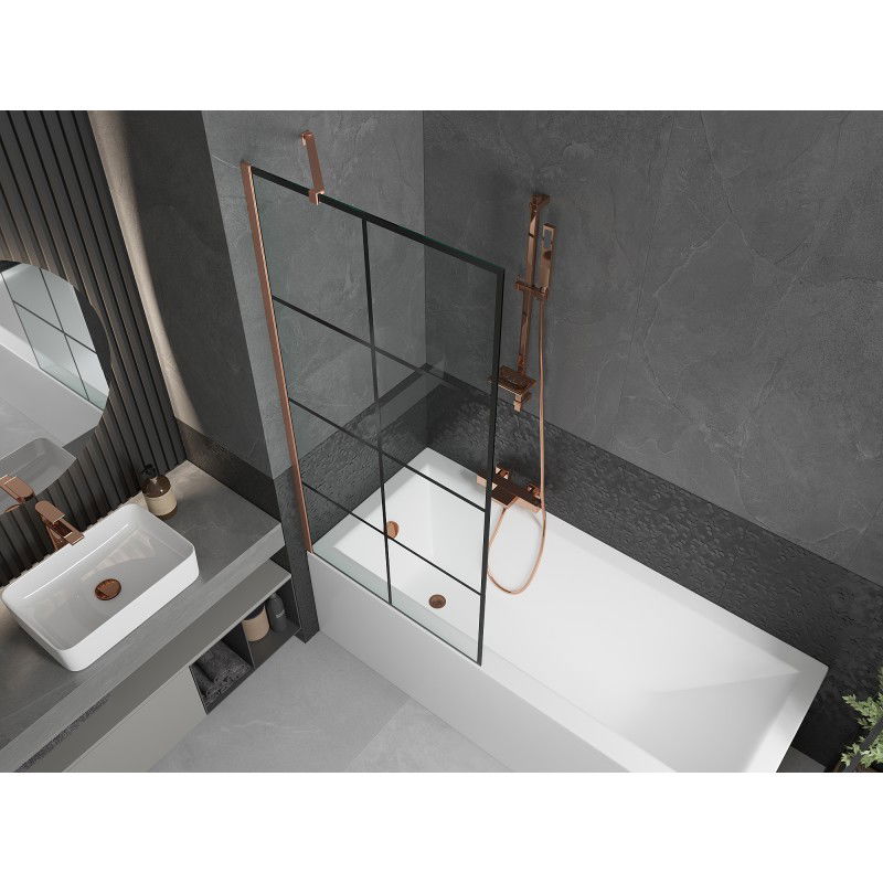 Mexen Next 1-panel bathtub screen 80 x 150 cm, black grid, brushed copper - 895-080-000-00-77-65