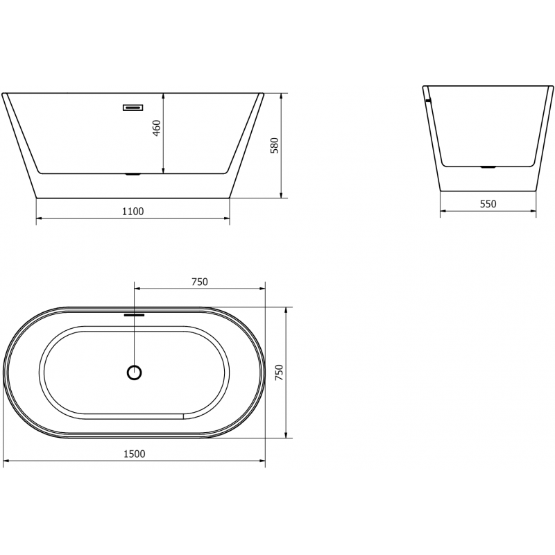 Mexen Flavia freestanding bath 150 x 75 cm, white, overflow gun metal - 54031507500-95