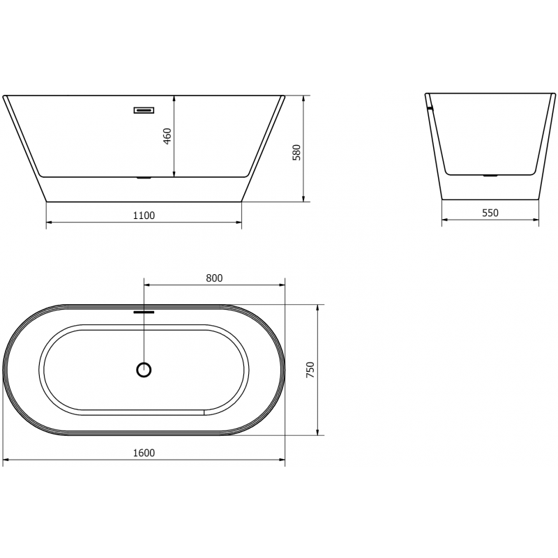 Mexen Flavia free-standing bath 160 x 75 cm, white, overflow gun metal - 54031608000-95