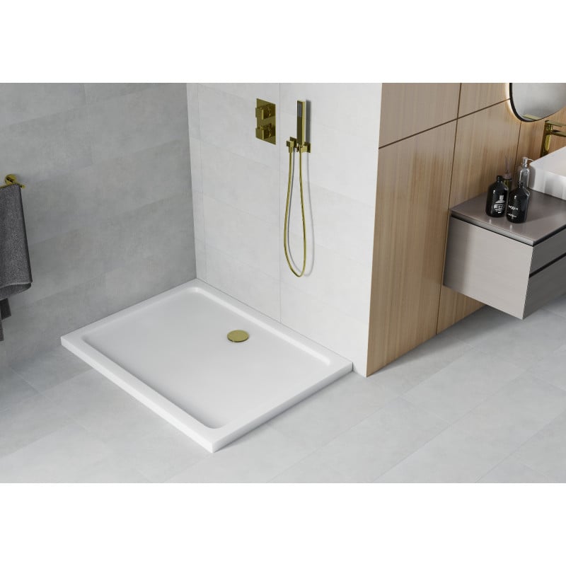 Mexen Flat rectangular slim shower tray 130 x 100 cm, white, gold siphon - 40101013G