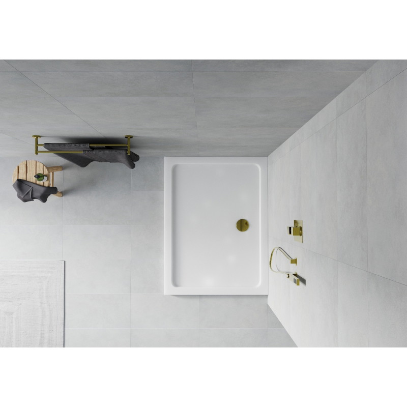 Mexen Flat slim rectangular shower tray 130 x 100 cm, white, golden siphon - 40101013G