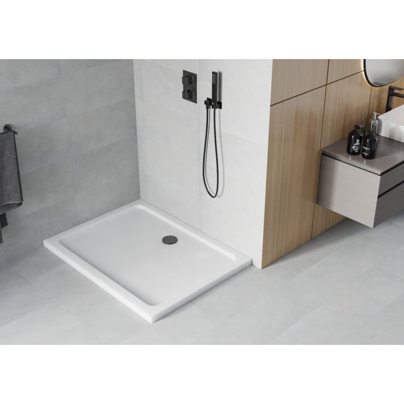 Mexen Flat rectangular slim shower tray 140 x 80 cm, white, black siphon - 40108014B