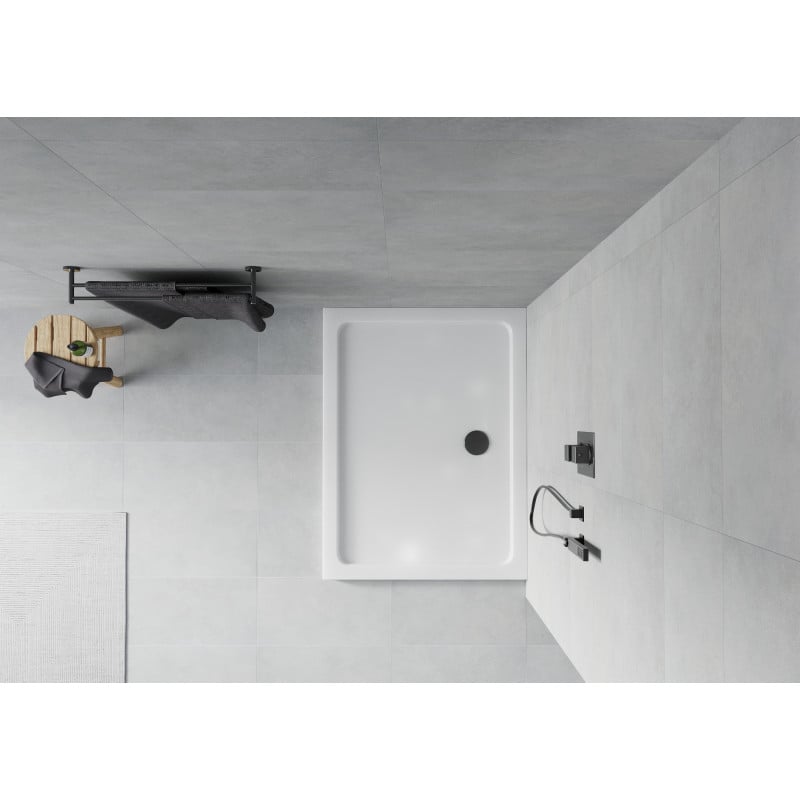 Mexen Flat rectangular slim shower tray 130 x 80 cm, white, black siphon - 40108013B