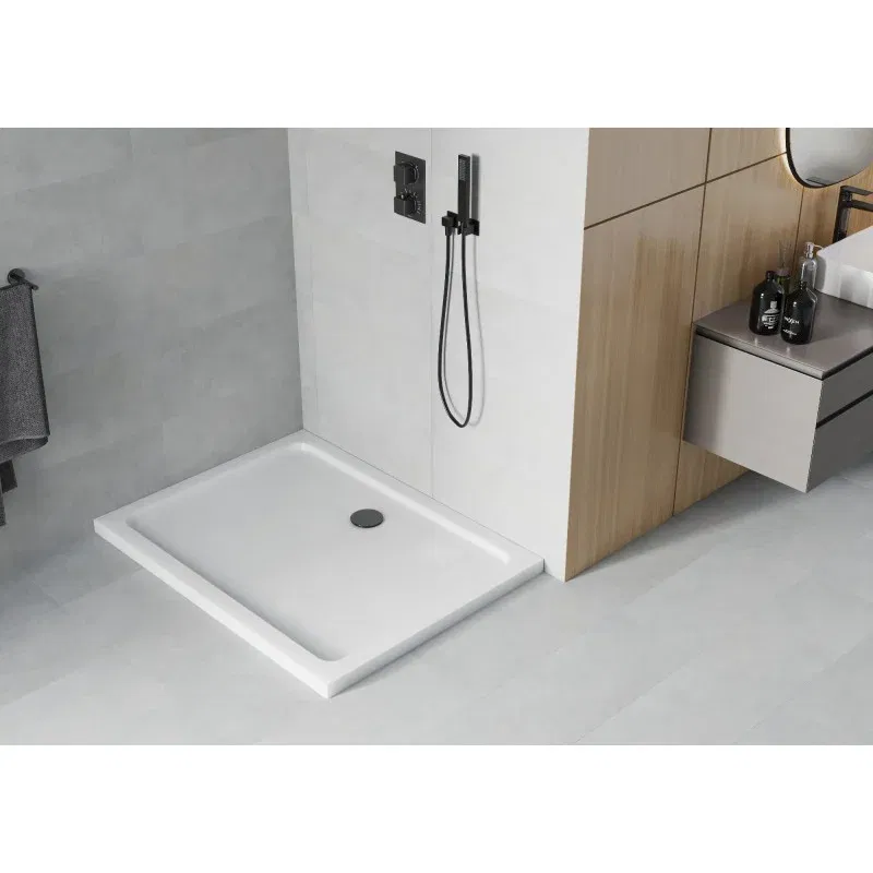 Mexen Flat rectangular slim shower tray 90 x 80 cm, white, black siphon - 40108090B