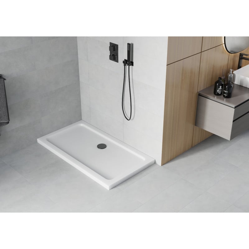 Mexen Flat rectangular slim shower tray 130 x 70 cm, white, black siphon - 40107013B