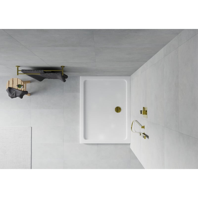 Mexen Flat rectangular slim shower tray 110 x 90 cm, white, gold siphon - 40109011G