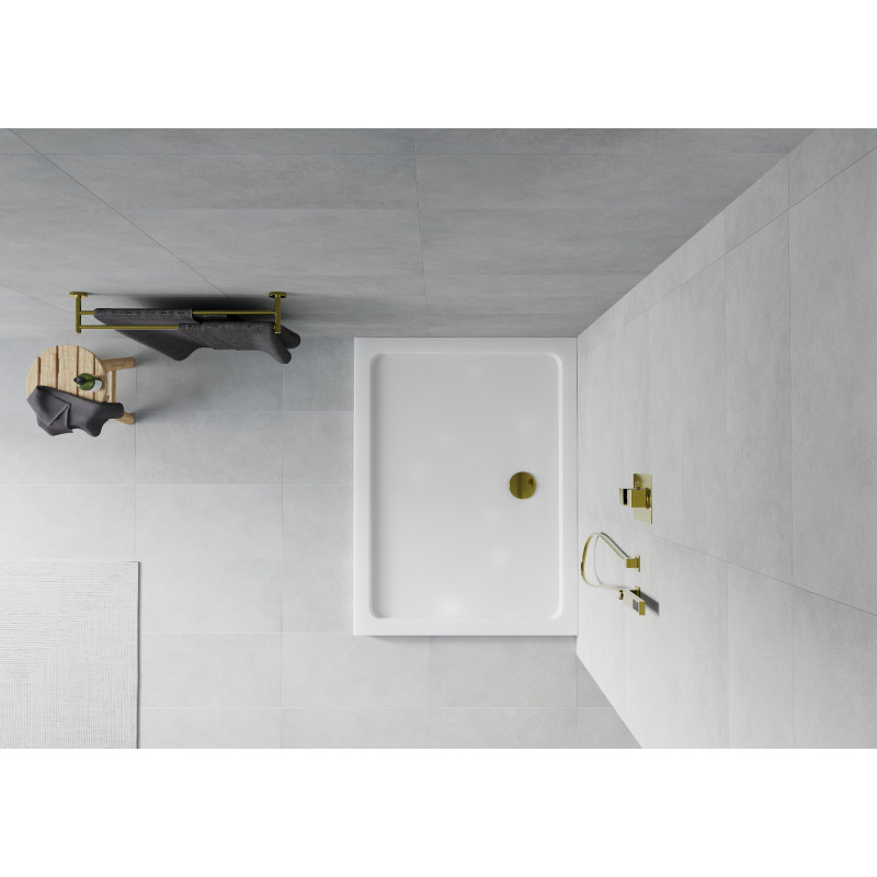 Mexen Flat rectangular shower tray slim 140 x 80 cm, white, gold siphon - 40108014G