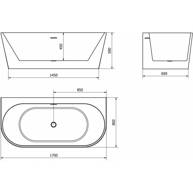Mexen Oval+ freestanding wall-mounted bathtub 170 x 80 cm, white, chrome overflow - 52681708000-01