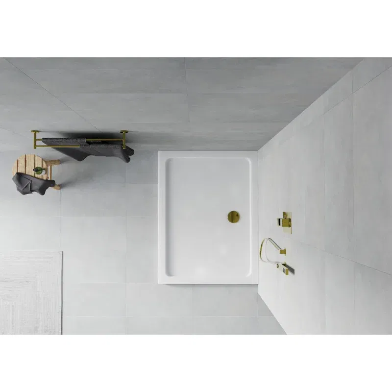 Mexen Flat slim rectangular shower tray 100 x 80 cm, white, gold siphon - 40108010G