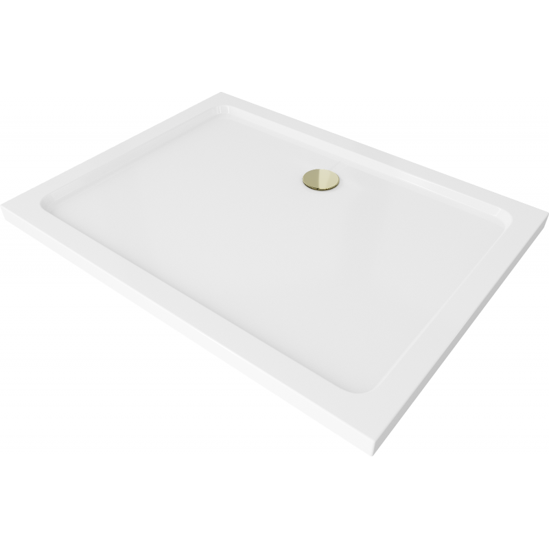 Mexen Flat rectangular slim shower tray 90 x 80 cm, white, gold siphon - 40108090G