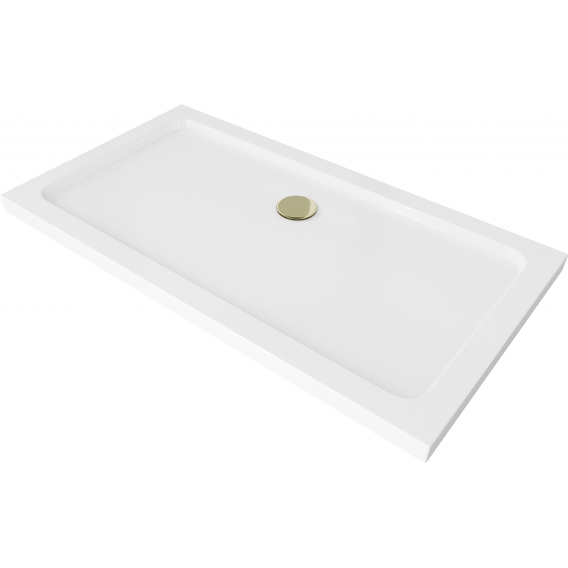 Mexen Flat rectangular slim shower tray 140 x 70 cm, white, gold siphon - 40107014G