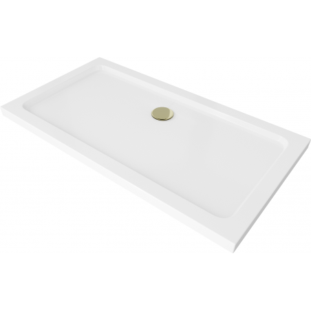 Mexen Flat rectangular slim shower tray 140 x 70 cm, white, gold siphon - 40107014G