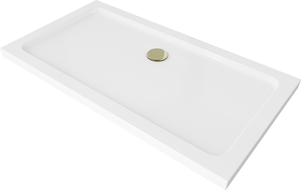 Mexen Flat rectangular slim shower tray 140 x 70 cm, white, gold siphon - 40107014G