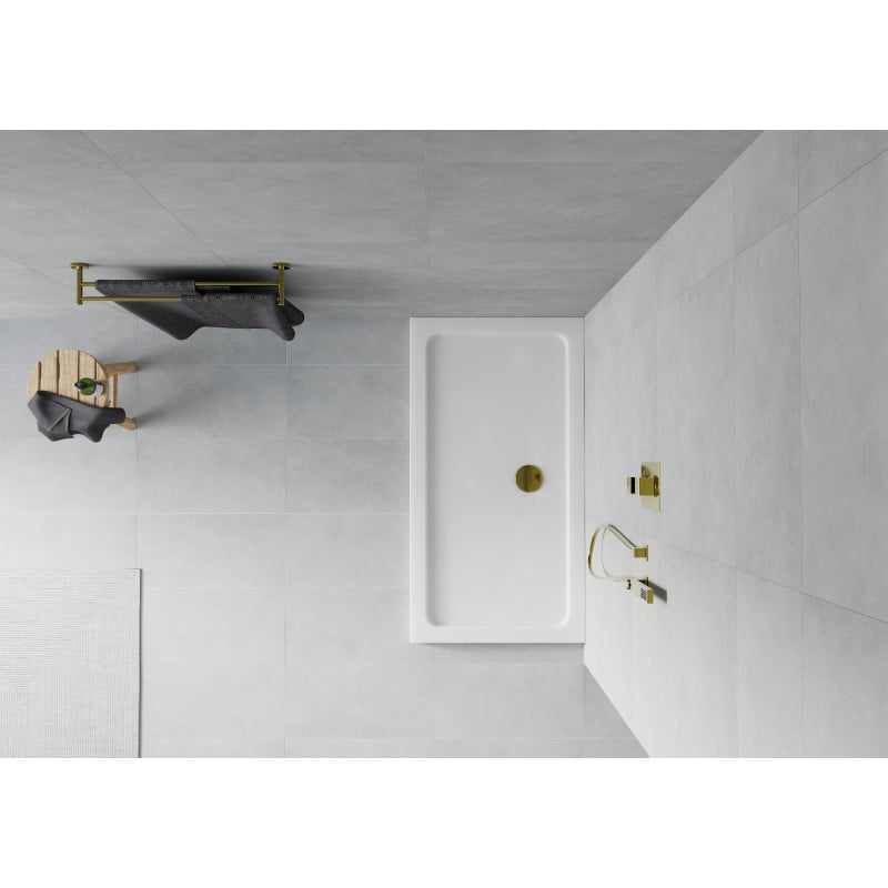 Mexen Flat rectangular slim shower tray 140 x 70 cm, white, gold siphon - 40107014G