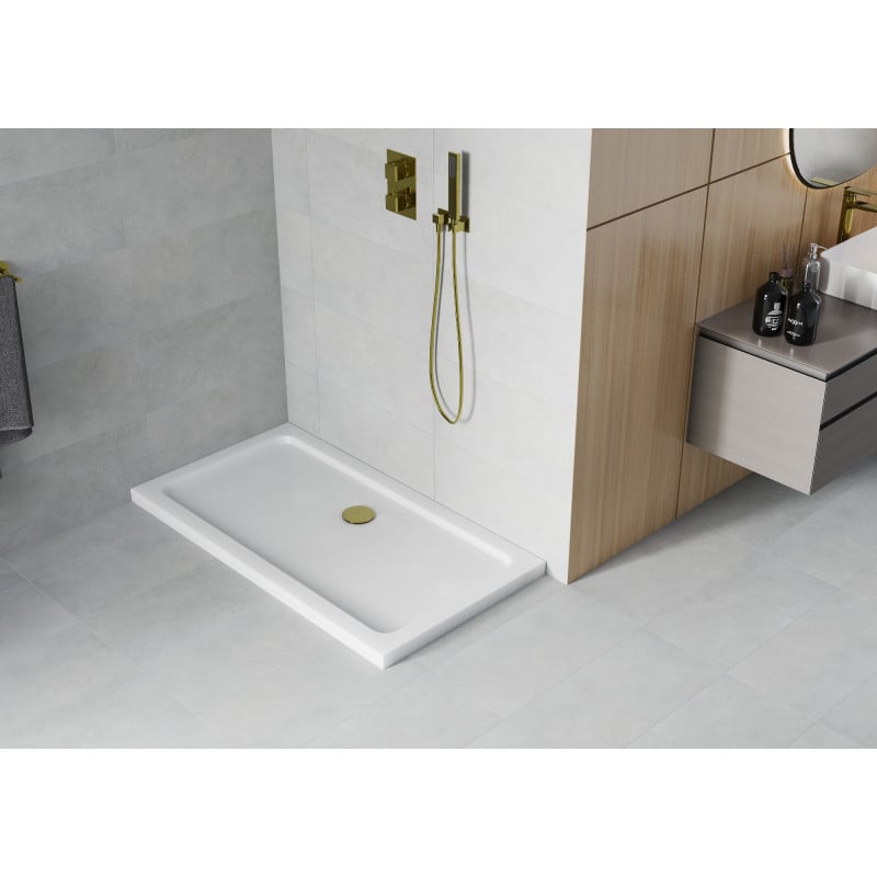 Mexen Flat rectangular slim shower tray 130 x 70 cm, white, golden siphon - 40107013G