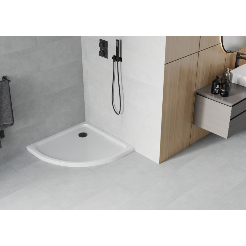 Mexen Flat semi-circular slim shower tray 90 x 90 cm, white, black siphon - 41109090B