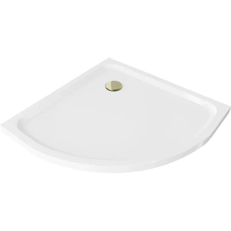 Mexen Flat semicircular slim shower tray 90 x 90 cm, white, golden siphon - 41109090G