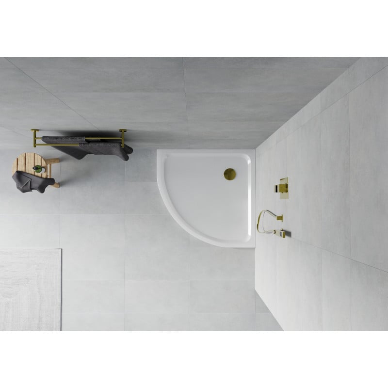 Mexen Flat semicircular slim shower tray 90 x 90 cm, white, golden siphon - 41109090G