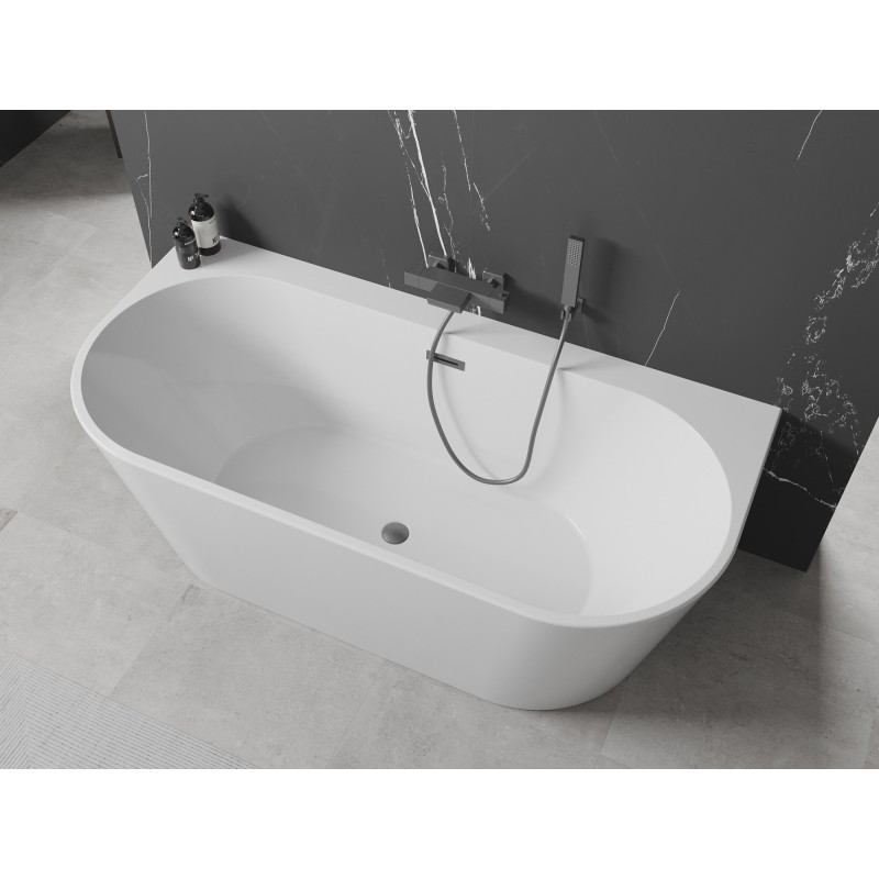 Mexen Oval+ freestanding wall-adjacent bathtub 170 x 80 cm, white, brushed gun gray overflow - 52681708000-66